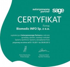 Certyfikat Złotego Autoryzowanego Partnera Sage  